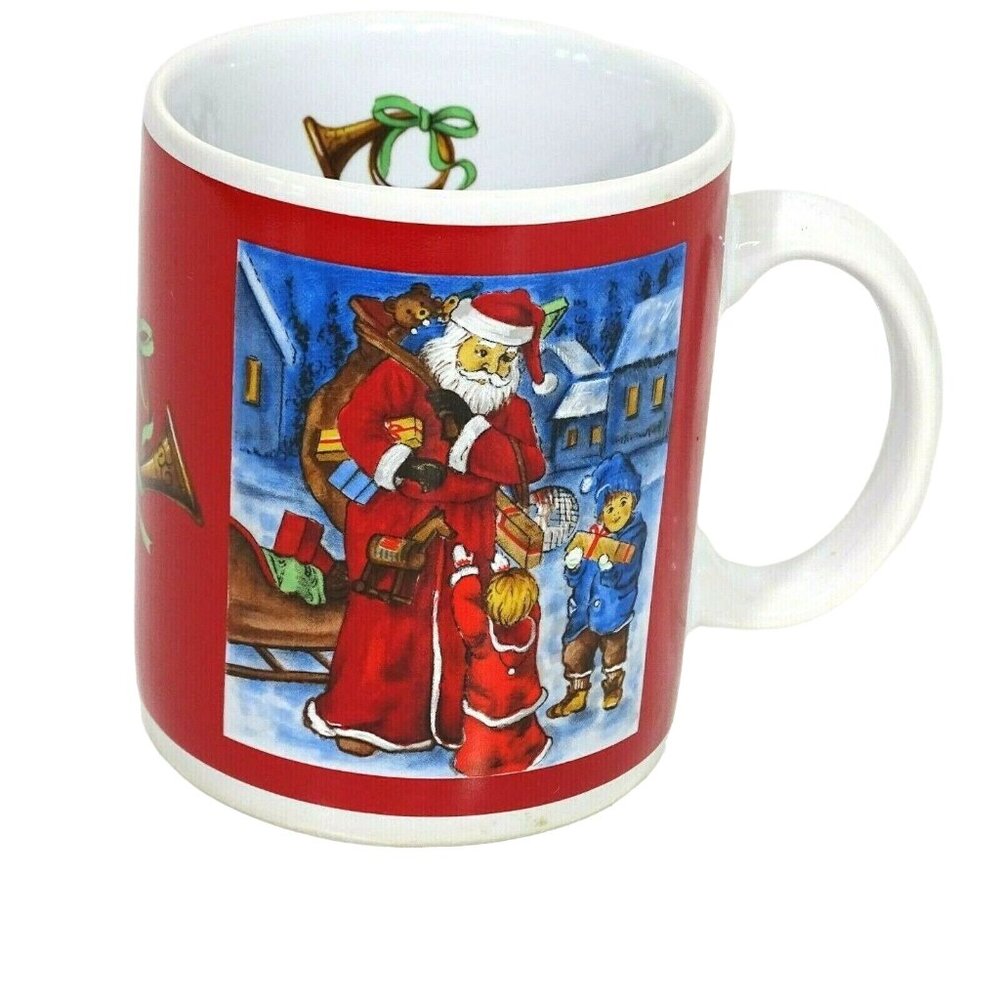 Old World Christmas Holiday Mug Cup Stoneware SANTA and KIDS Red White 12 oz